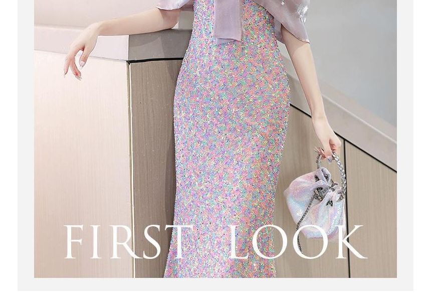 Cold-Shoulder Sequin Bow Faux Pearl Mermaid Evening Gown