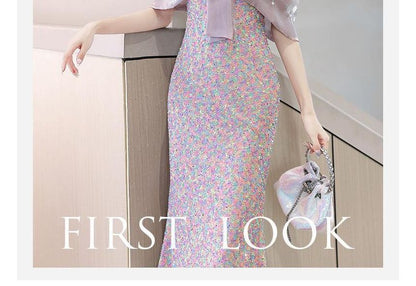 Cold-Shoulder Sequin Bow Faux Pearl Mermaid Evening Gown