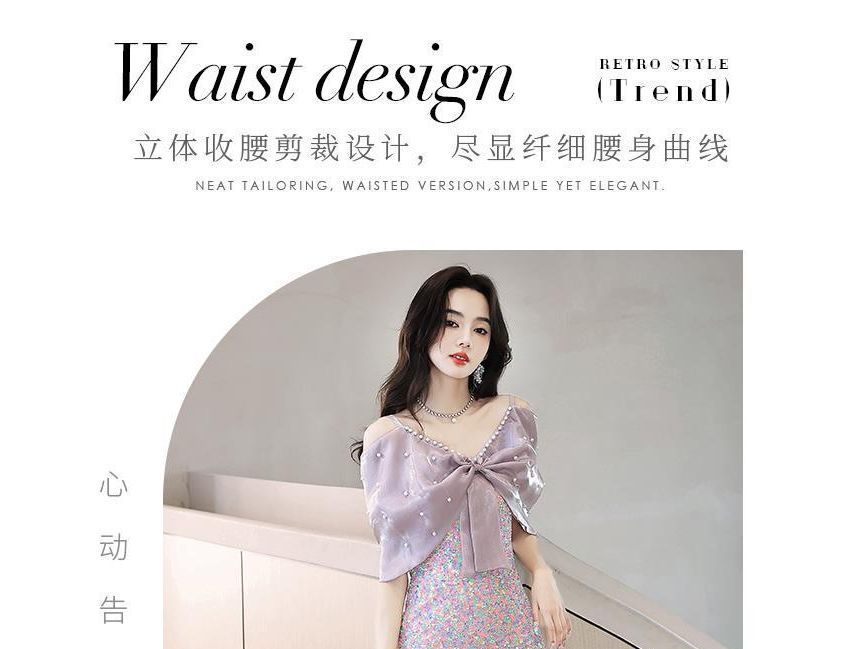 Cold-Shoulder Sequin Bow Faux Pearl Mermaid Evening Gown