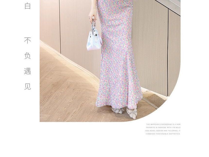 Cold-Shoulder Sequin Bow Faux Pearl Mermaid Evening Gown