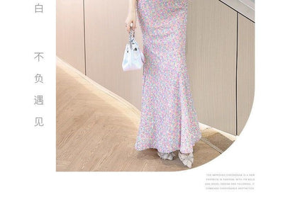 Cold-Shoulder Sequin Bow Faux Pearl Mermaid Evening Gown