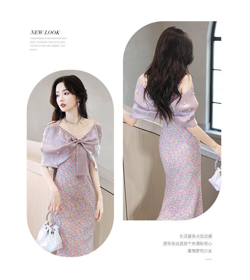 Cold-Shoulder Sequin Bow Faux Pearl Mermaid Evening Gown