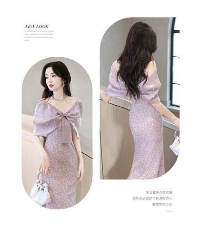 Cold-Shoulder Sequin Bow Faux Pearl Mermaid Evening Gown