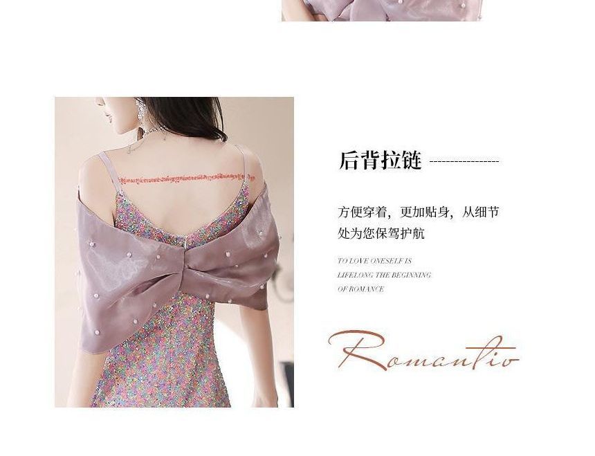 Cold-Shoulder Sequin Bow Faux Pearl Mermaid Evening Gown