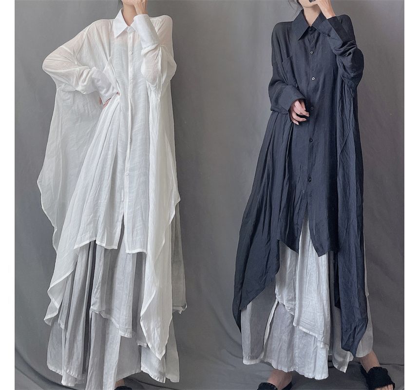 Asymmetrical Long Sleeve Shirt Maxi Dress