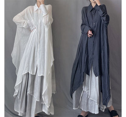 Asymmetrical Long Sleeve Shirt Maxi Dress