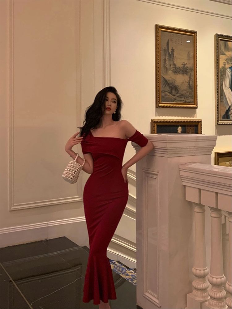 Short-Sleeve Cold Shoulder Plain Midi Mermaid Party Dress