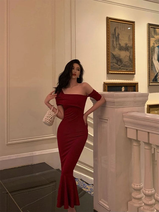 Short-Sleeve Cold Shoulder Plain Midi Mermaid Party Dress