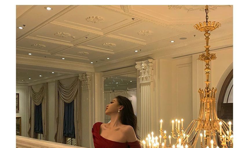 Short-Sleeve Cold Shoulder Plain Midi Mermaid Party Dress