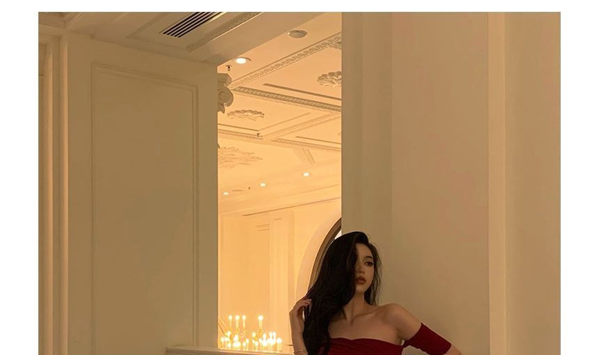 Short-Sleeve Cold Shoulder Plain Midi Mermaid Party Dress