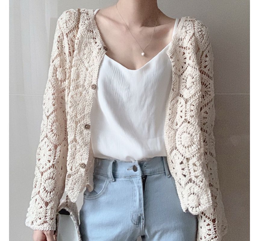 Plain Crop Crochet Knit Cardigan