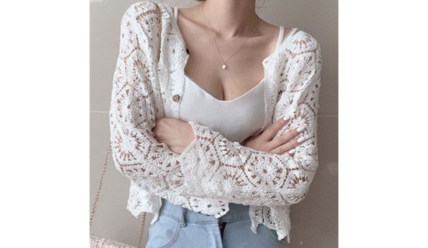 Plain Crop Crochet Knit Cardigan