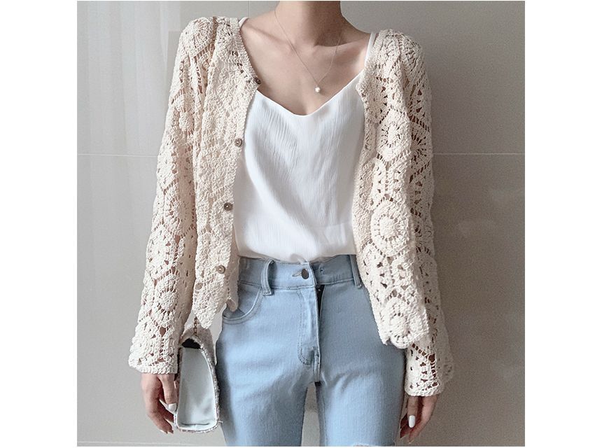 Plain Crop Crochet Knit Cardigan