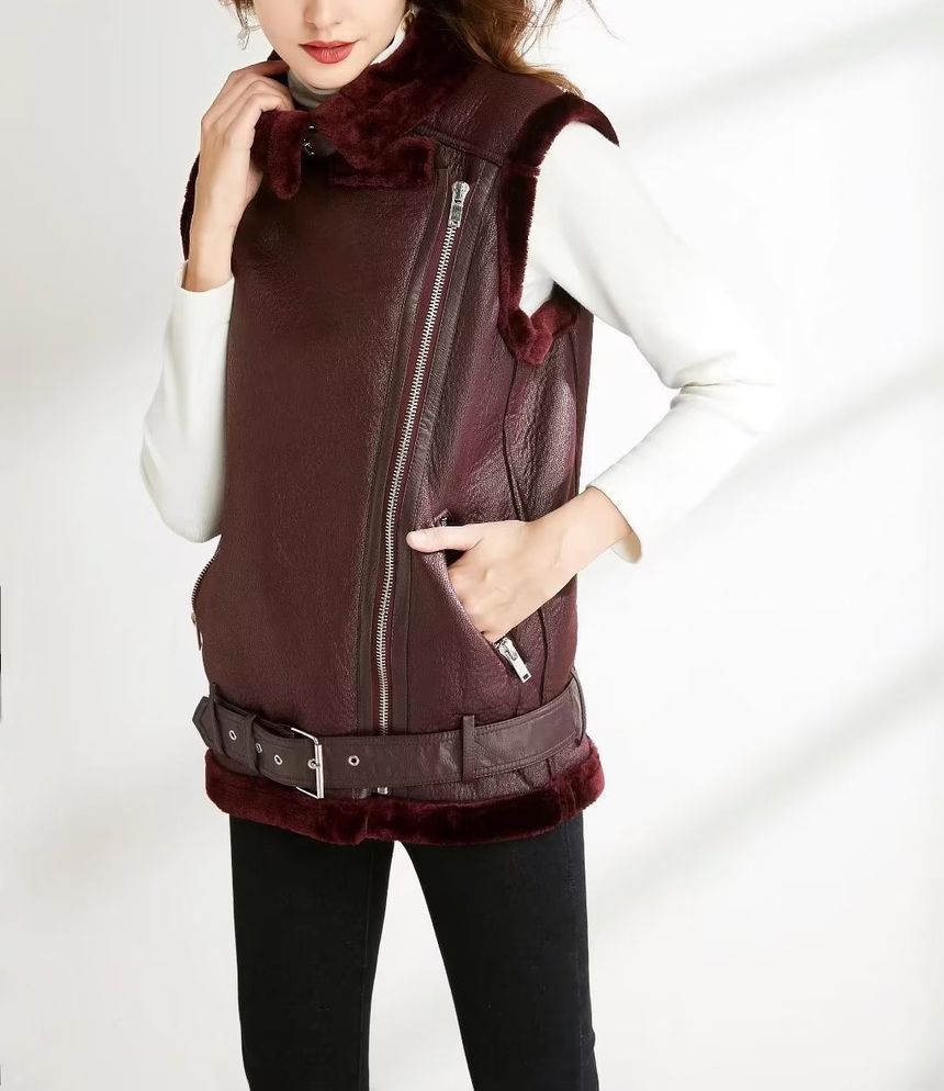 Sleeveless Furry-Trim Faux Leather Jacket