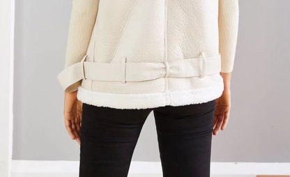 Sleeveless Furry-Trim Faux Leather Jacket