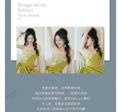 Tube Slit Applique Ruched A-Line Evening Floral Gown