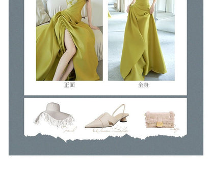 Tube Slit Applique Ruched A-Line Evening Floral Gown