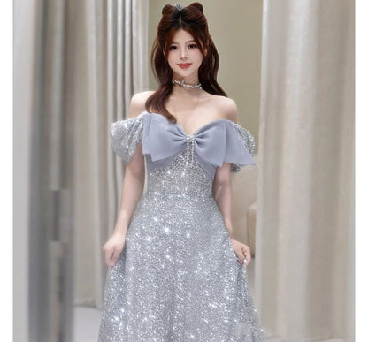 Evening Short-Sleeve A-Line Glitter Shoulder Bow Off Gown