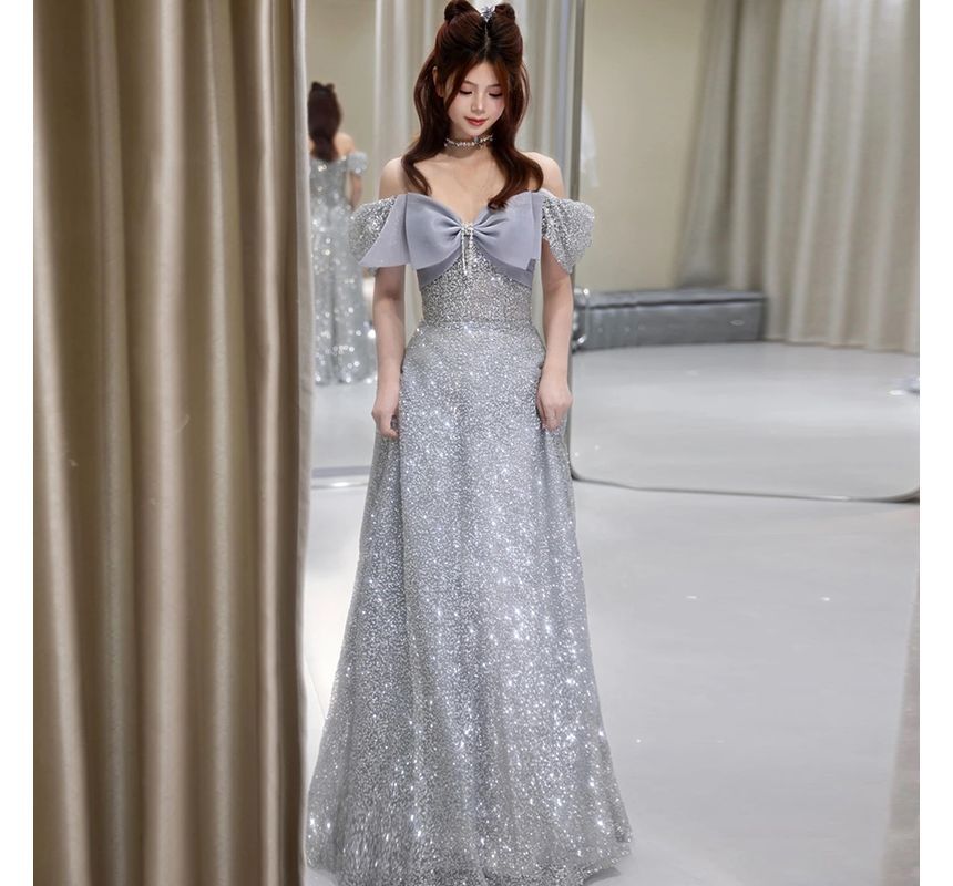 Evening Short-Sleeve A-Line Glitter Shoulder Bow Off Gown