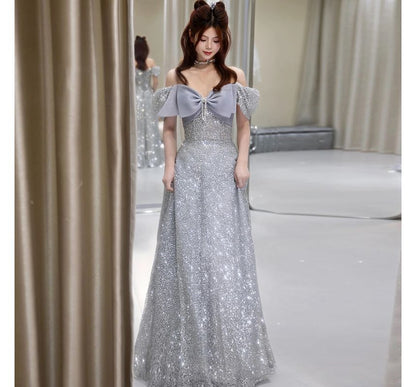 Evening Short-Sleeve A-Line Glitter Shoulder Bow Off Gown