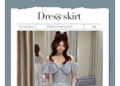 Evening Short-Sleeve A-Line Glitter Shoulder Bow Off Gown