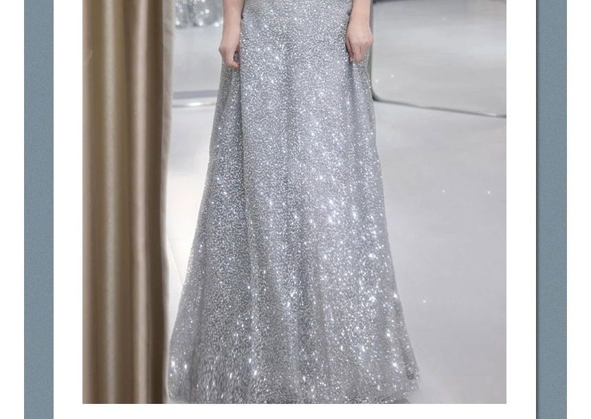 Evening Short-Sleeve A-Line Glitter Shoulder Bow Off Gown