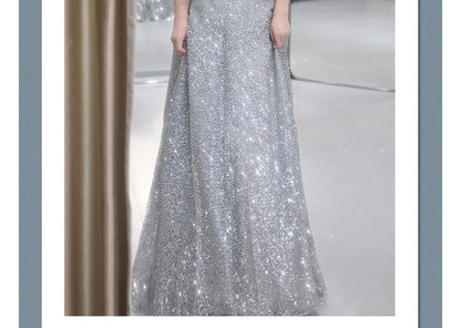 Evening Short-Sleeve A-Line Glitter Shoulder Bow Off Gown