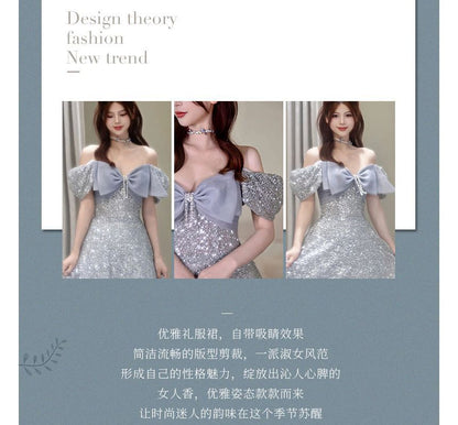 Evening Short-Sleeve A-Line Glitter Shoulder Bow Off Gown