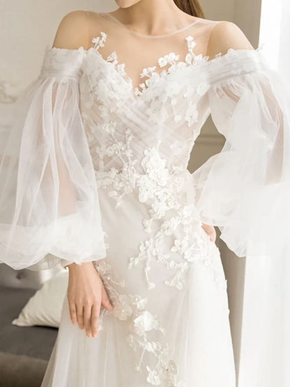 Balloon Sleeve Cold Shoulder Plain Flower Applique Mesh A-Line Wedding Gown