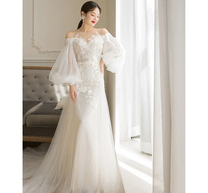 Balloon Sleeve Cold Shoulder Plain Flower Applique Mesh A-Line Wedding Gown