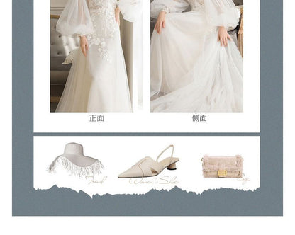 Balloon Sleeve Cold Shoulder Plain Flower Applique Mesh A-Line Wedding Gown