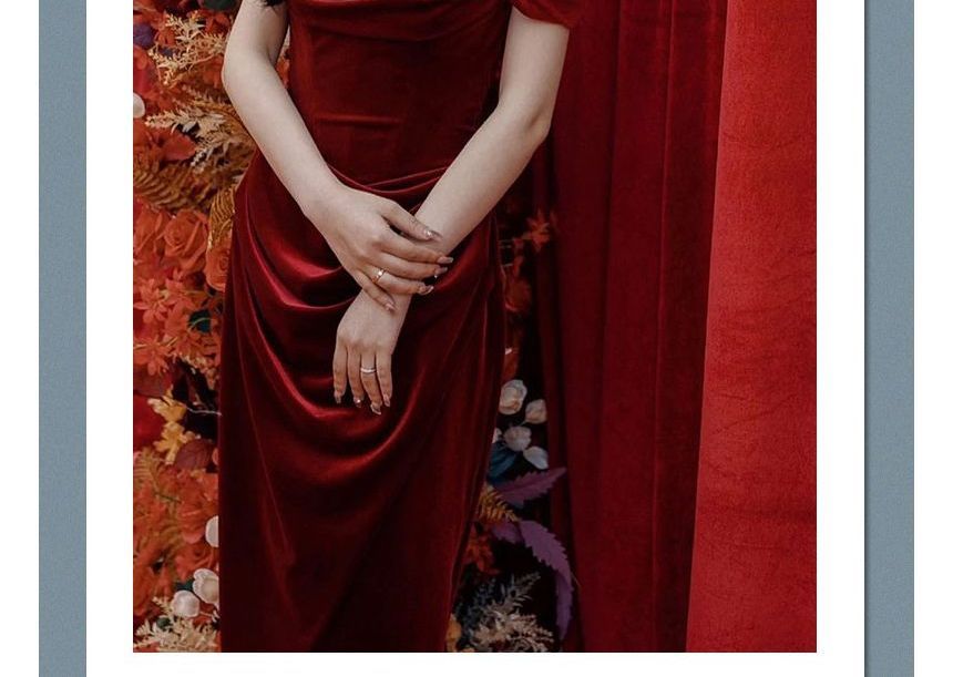 Short-Sleeve Shoulder Off Ruched Slit Velvet Sheath Plain Gown Evening