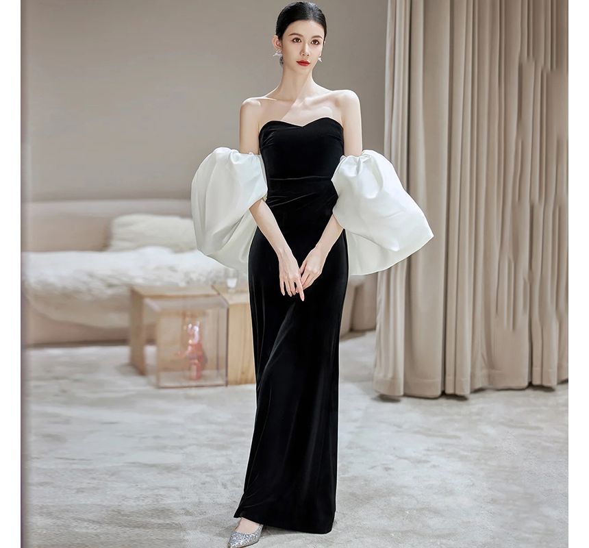 Puff Sleeve Off Shoulder Two Tone Velvet A-Line Evening Gown