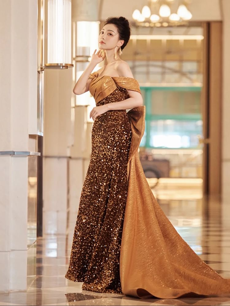 Shoulder Sequin A-Line Gown Panel Bow Evening Off Sleeveless