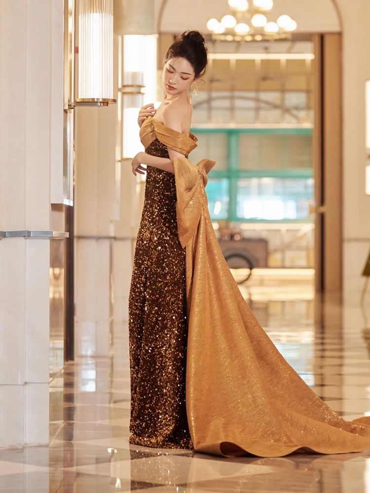 Sleeveless Off Shoulder Sequin Bow Panel A-Line Evening Gown