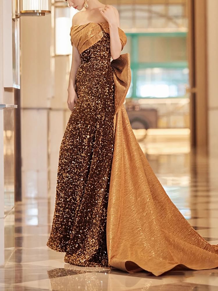 Shoulder Sequin A-Line Gown Panel Bow Evening Off Sleeveless