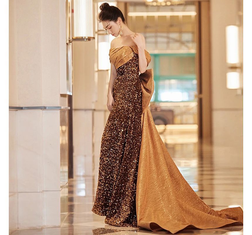 Shoulder Sequin A-Line Gown Panel Bow Evening Off Sleeveless