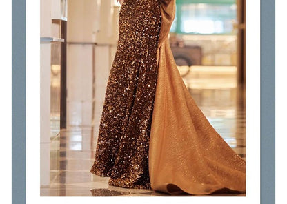 Sleeveless Off Shoulder Sequin Bow Panel A-Line Evening Gown