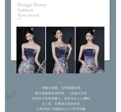 Patterned Sequin Panel Velvet A-Line Tube Evening Gown