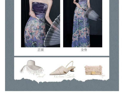 Patterned Sequin Panel Velvet A-Line Tube Evening Gown