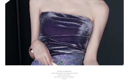 Patterned Sequin Panel Velvet A-Line Tube Evening Gown