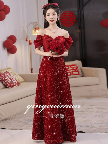 Short-Sleeve Off-Shoulder Plain Sequin Bow Accent A-Line Evening Gown