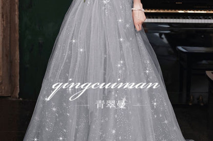 Puff-Sleeve Sweetheart Neckline Sequin Mesh A-Line Evening Gown