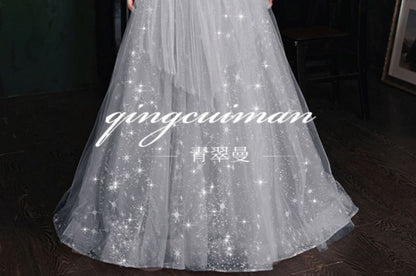 Puff-Sleeve Sweetheart Neckline Sequin Mesh A-Line Evening Gown