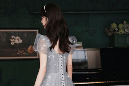 Puff-Sleeve Sweetheart Neckline Sequin Mesh A-Line Evening Gown