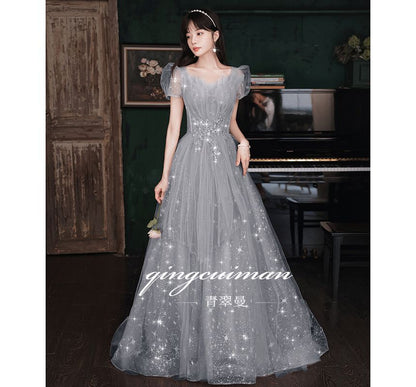 Puff-Sleeve Sweetheart Neckline Sequin Mesh A-Line Evening Gown