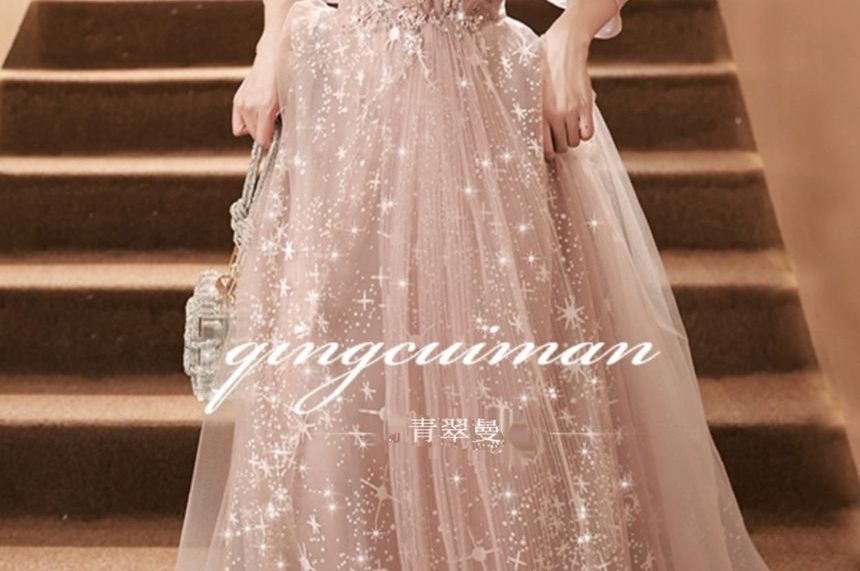 Sequin Panel Embroidered 3/4-Sleeve Evening Mesh Sweetheart Neckline Gown A-Line