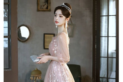 Sequin Panel Embroidered 3/4-Sleeve Evening Mesh Sweetheart Neckline Gown A-Line