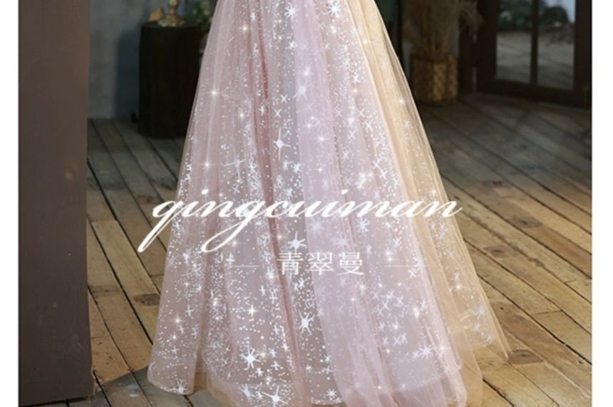 Sequin Panel Embroidered 3/4-Sleeve Evening Mesh Sweetheart Neckline Gown A-Line