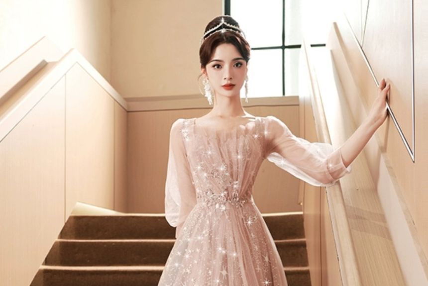 Sequin Panel Embroidered 3/4-Sleeve Evening Mesh Sweetheart Neckline Gown A-Line